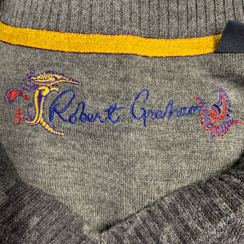 ROBERT GRAHAM Size L Grey Charcoal Paisley Wool Cashmere V-Neck Pullover