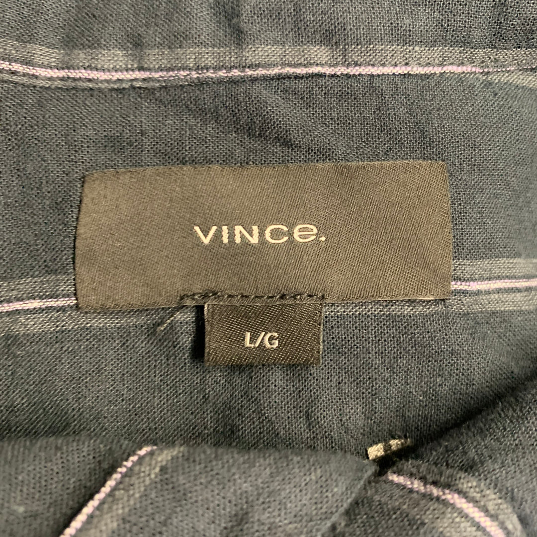 VINCE Size L Black Grey Stripe Linen Cotton Classic Fit One Pocket Short Sleeve Shirt