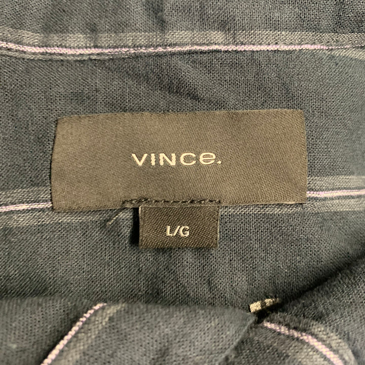VINCE Size L Black Grey Stripe Linen Cotton Classic Fit One Pocket Short Sleeve Shirt