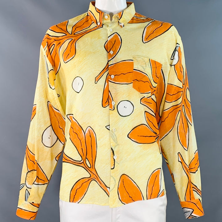 JACQUEMUS SS19 Size 44 Le Gadjo Yellow Orange Leaves Cotton One Pocket Long Sleeve Shirt