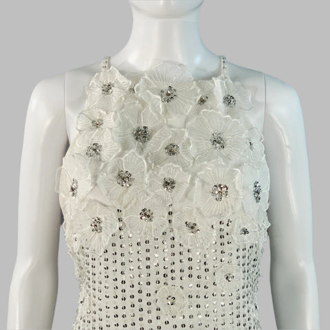 KAREN MILLEN Size 4 White Silver Sequined Spaghetti Straps Evening Gown