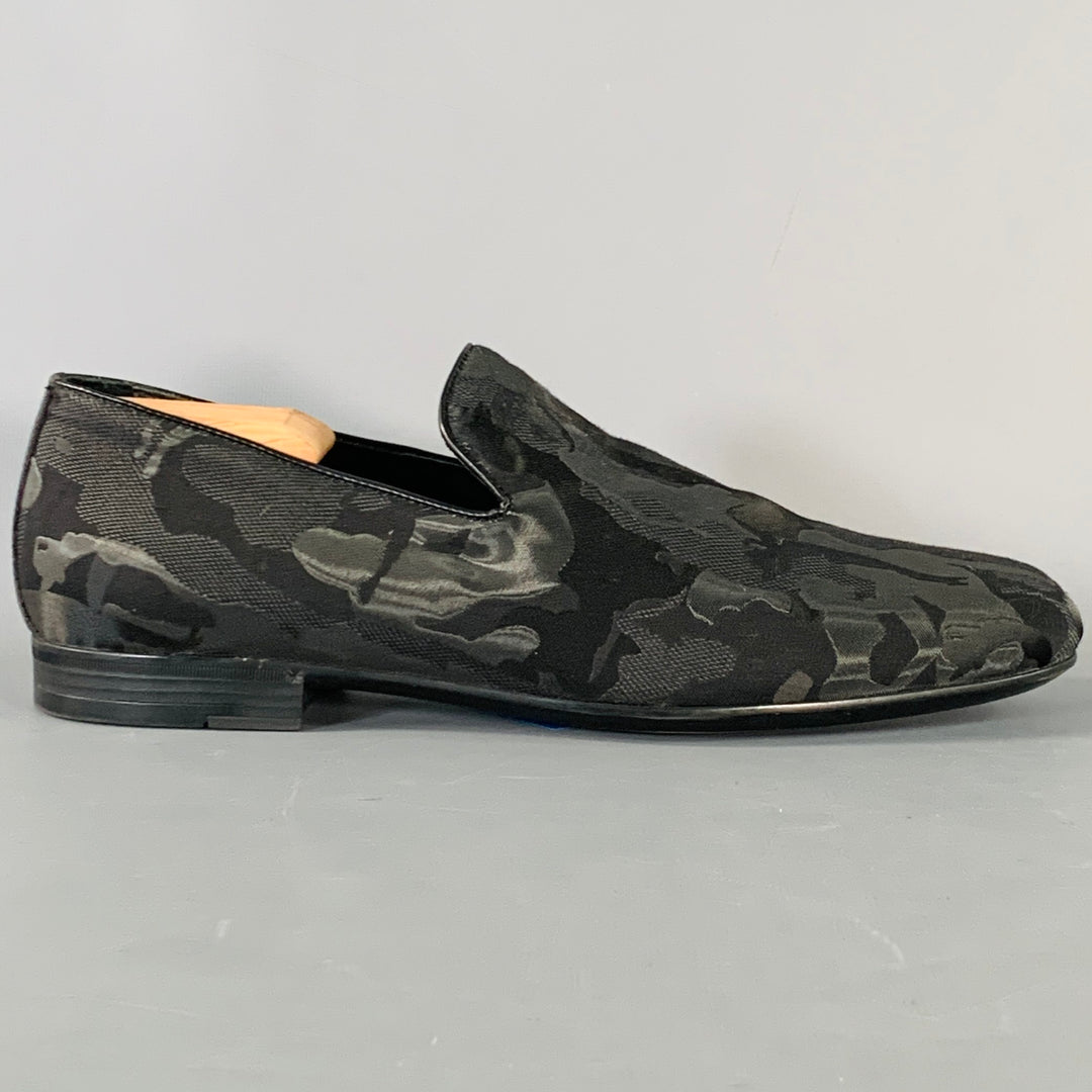 JIMMY CHOO Size 8 Black Grey Camouflage Figures Canvas Slip On Loafers