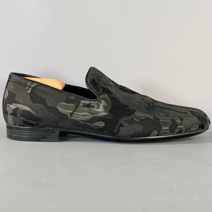 JIMMY CHOO Size 8 Black Grey Camouflage Figures Canvas Slip On Loafers