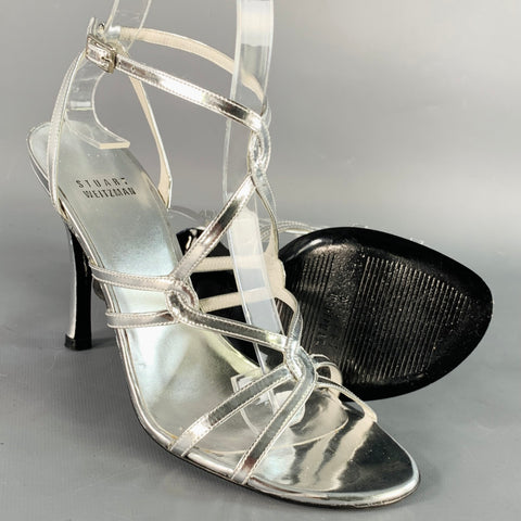 STUART WEITZMAN Size 6 Metallic Silver Patent Leather Strappy Ankle Strap Sandals