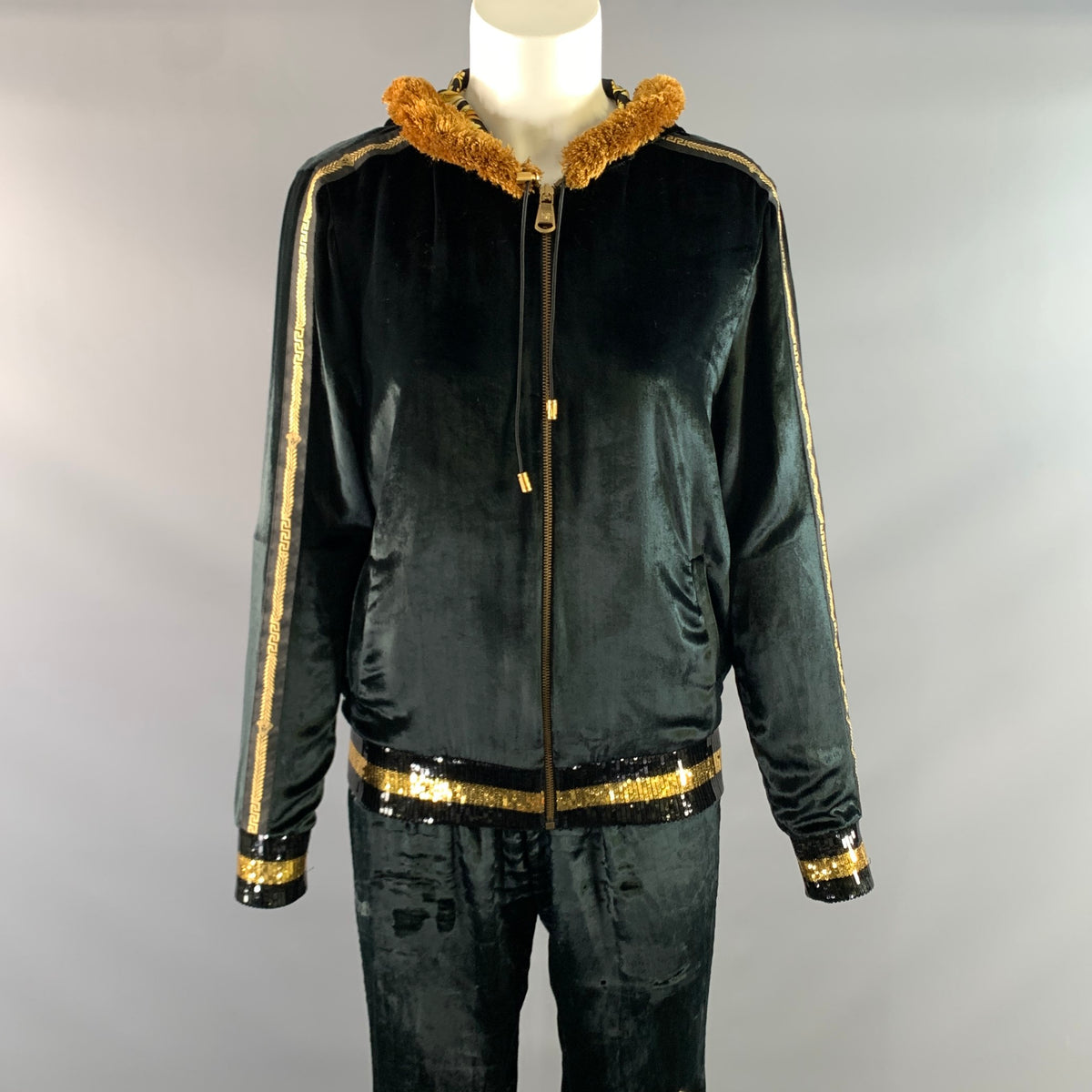 VERSACE Size 4 Black Gold Viscose & Silk Baroque Track Jacket Set
