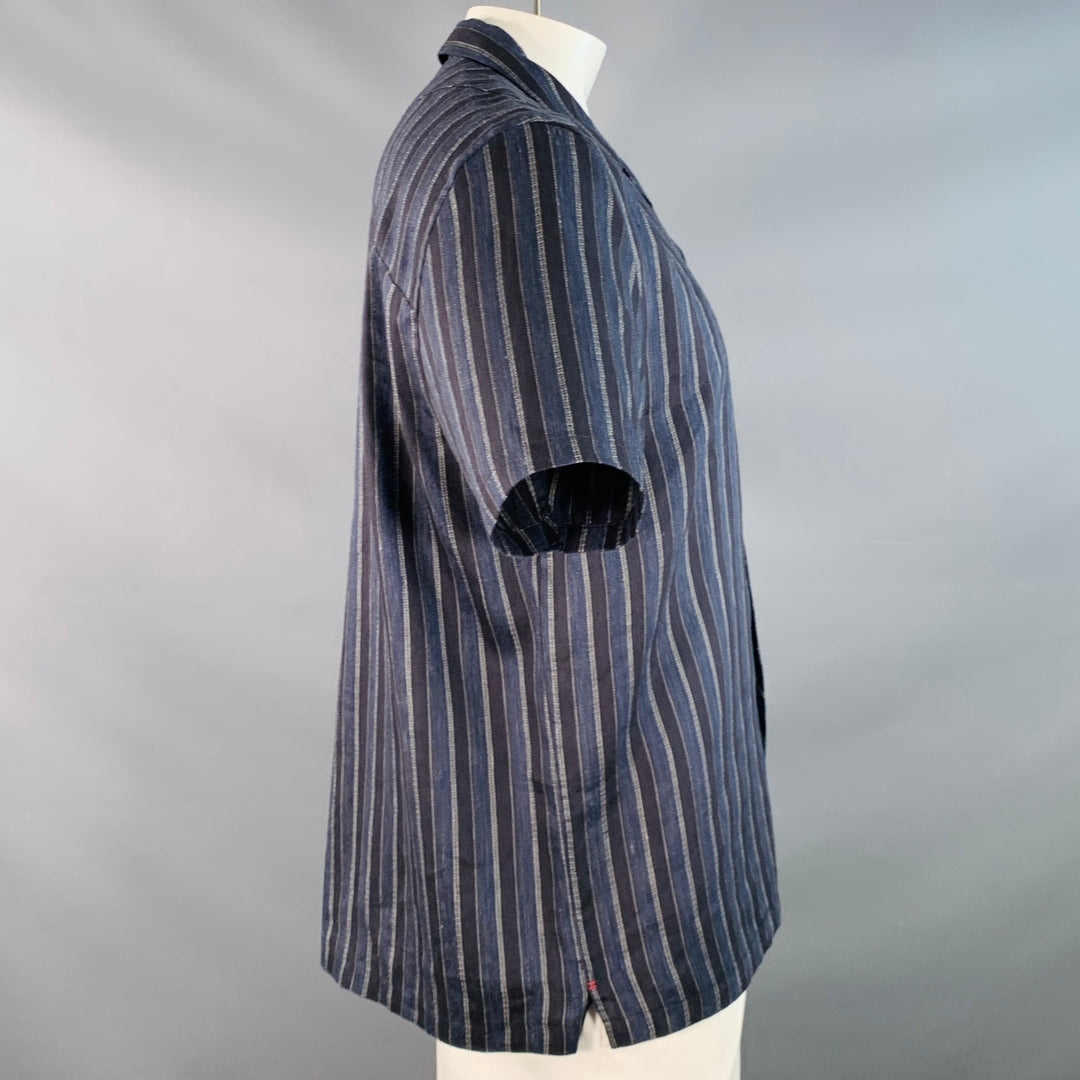 TED BAKER Size L Francoi Navy Black Stripe Linen Cotton Relaxed Camp Short Sleeve Shirt