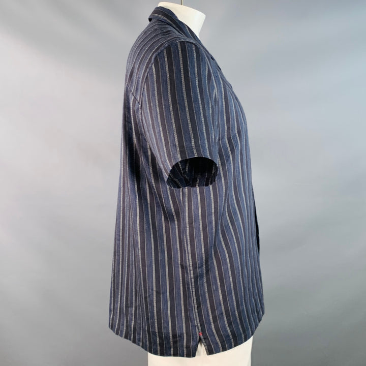 TED BAKER Size L Francoi Navy Black Stripe Linen Cotton Relaxed Camp Short Sleeve Shirt