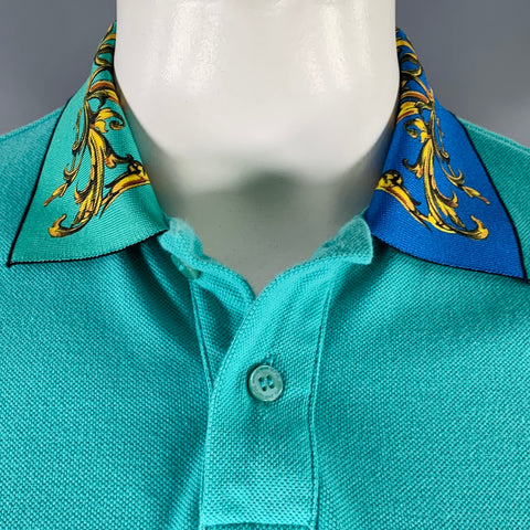 VERSACE JEANS COUTURE Size L Turquoise Blue Green Baroque Knit Polo