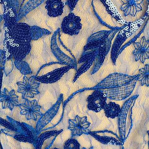 COSTARELLOS Size 4 Blue Nude Polyester Blend Floral Sequined Midi Cocktail Dress