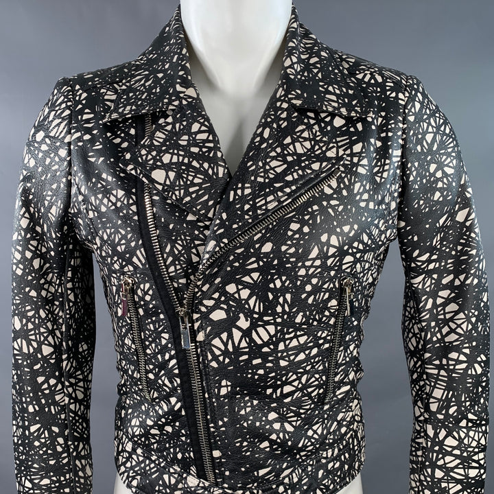 BALENCIAGA Size 34 Black White Marbled Lambskin Leather Motorcycle Jacket