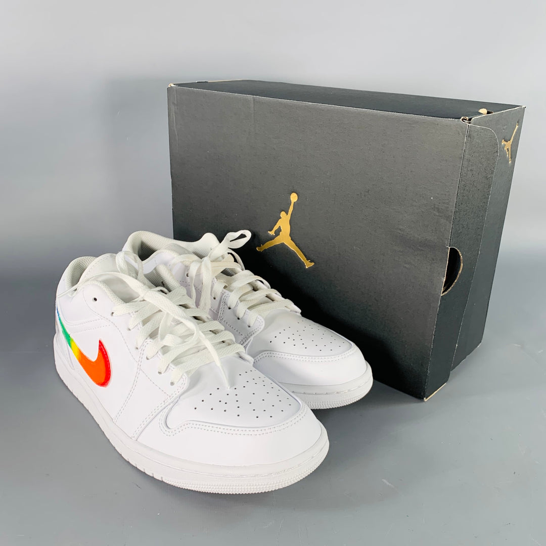 NIKE Size 11 Air Jordan 1 Low White Multi Color Rainbow Swoosh Leather Sneakers