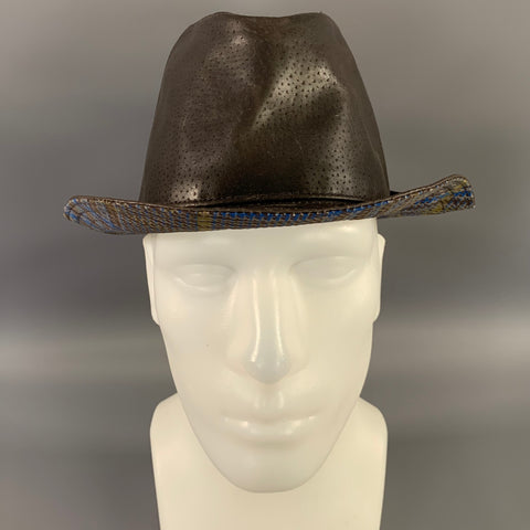 ETRO Size L Brown Grey Plaid Leather Hat
