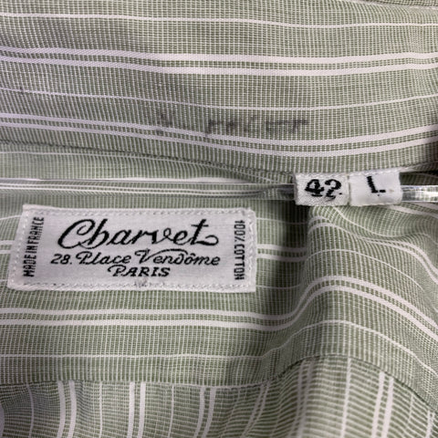 CHARVET Size L Green White Stripe Cotton Spread Collar Long Sleeve Shirt