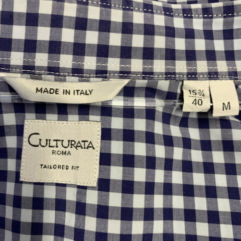 CULTURATA Size M White Navy Blue Gingham Cotton Tailored Fit Long Sleeve Shirt