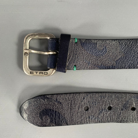 ETRO Size 38 Navy Green Paisley Leather Belt