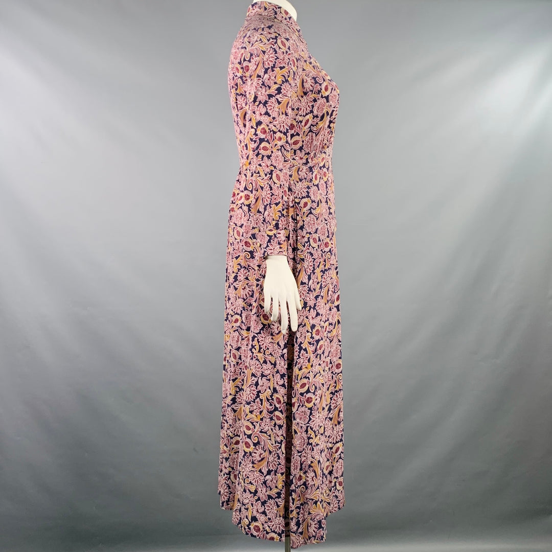 MAX MARA Size 12 Navy Burgundy Silk Abstract Floral Long Shirt Dress