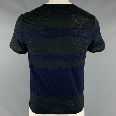 JOHN VARVATOS Size L Black Navy Stripe Linen Short Sleeve T-shirt
