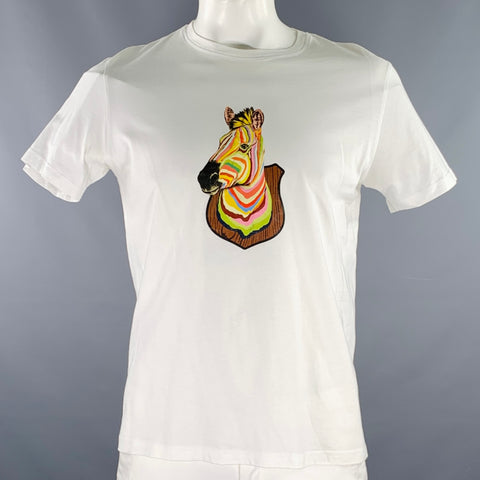 PAUL SMITH Size L White Multi Color Zebra Cotton Short Sleeve T-shirt