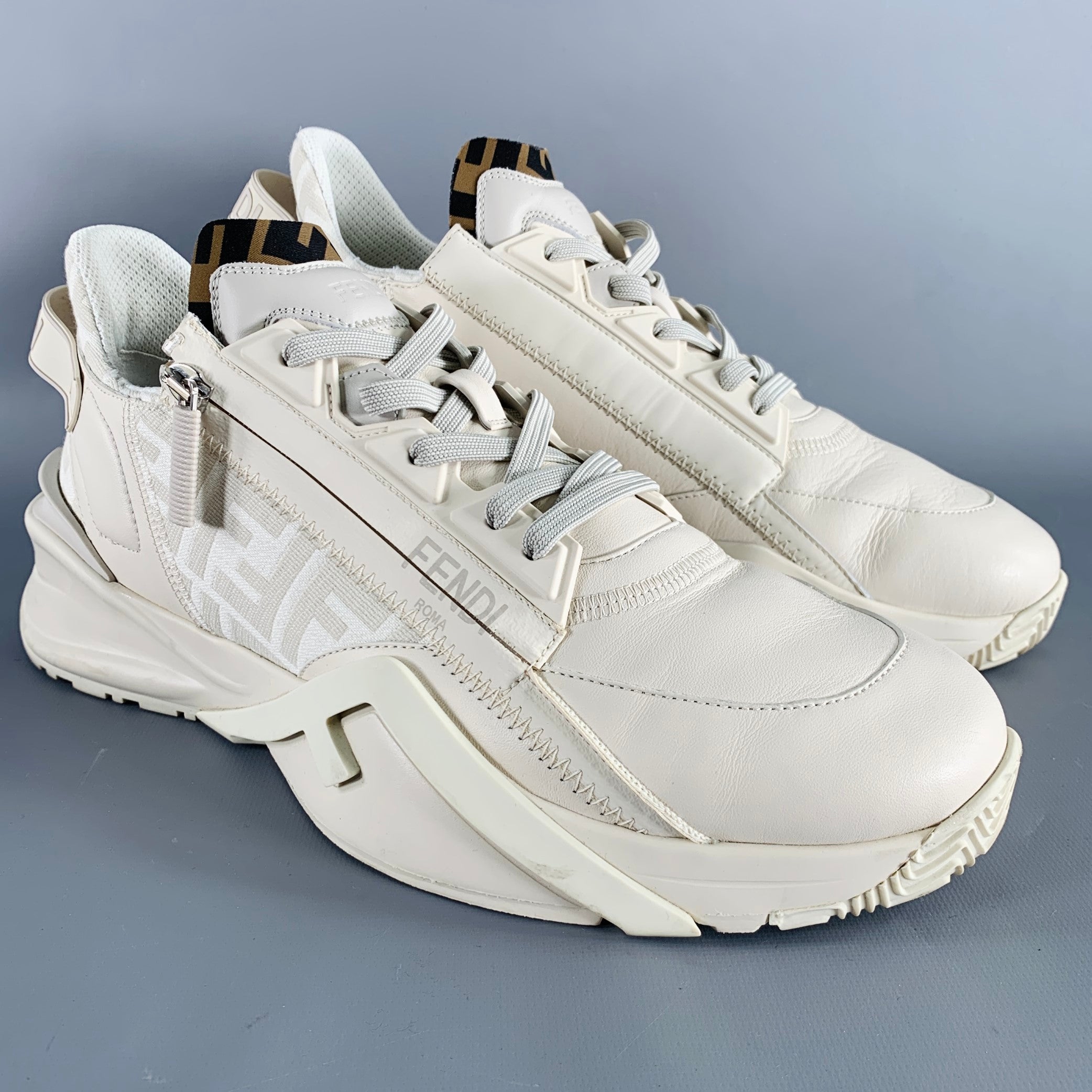 FENDI Size 11 White Off-White Leather Lace Up Zipper Flow Sneakers