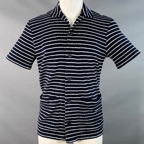 ORLEBAR BROWN Size M Navy White Pinstripe Cotton Terry Two Pockets Short Sleeve Shirt