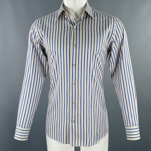 ERMENEGILDO ZEGNA Size M Blue Taupe Stripe Cotton Long Sleeve Shirt