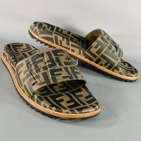 FENDI Size 10 Brown Beige Logo Monogram Acetate Slip On Slide Sandals