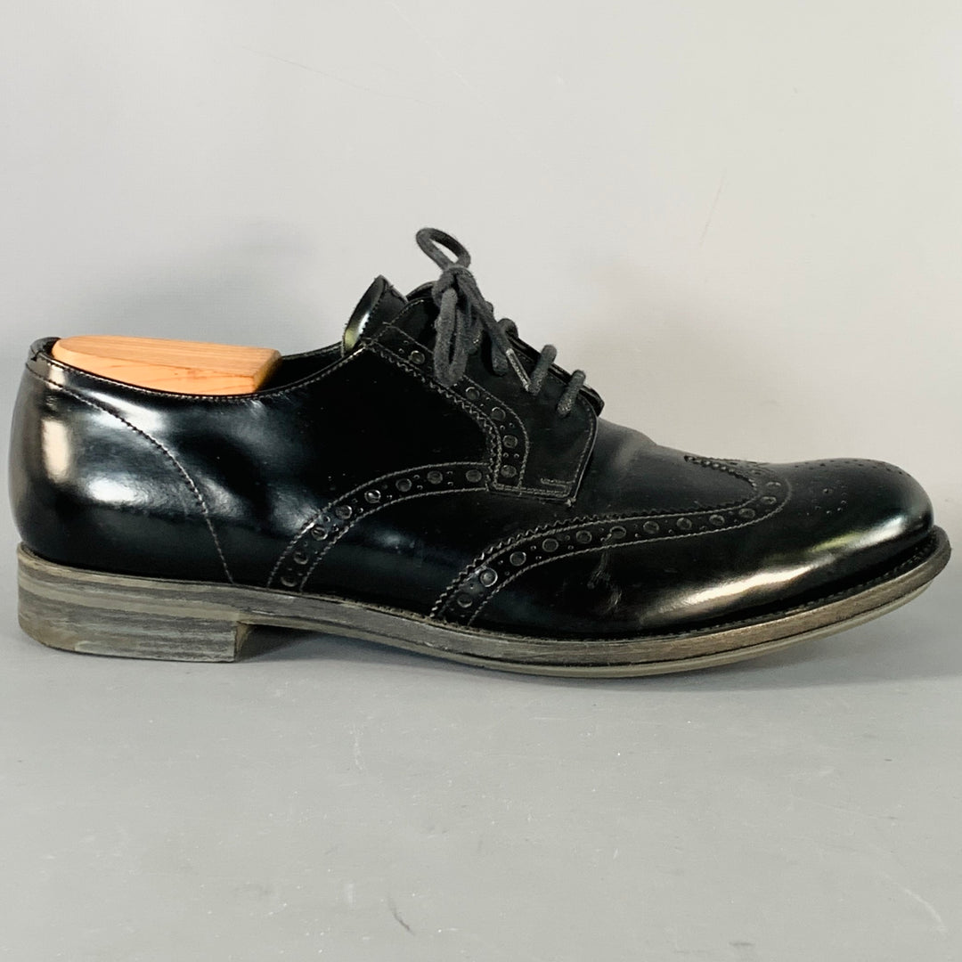 PRADA Size 9.5 Black Leather Perforated Wingtip Derby Lace-Up Shoes