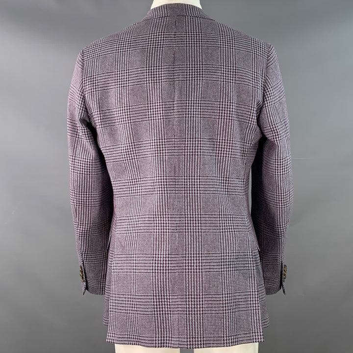 ETRO Size 40 Grey Burgundy Glenplaid Silk Cotton Slim Fit Peak Lapel Sport Coat
