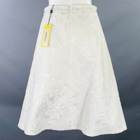 KAREN MILLEN Size 6 White Cotton Blend Floral A-Line Midi Skirt