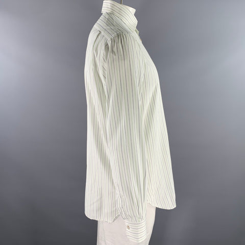 KITON Size L White Green Navy Pinstripe Cotton Long Sleeve Shirt