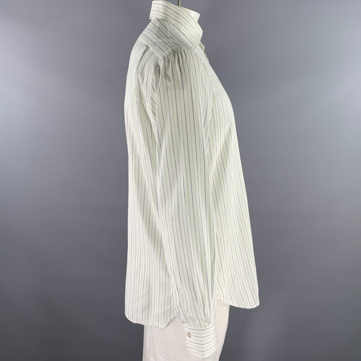 KITON Size L White Green Navy Pinstripe Cotton Long Sleeve Shirt