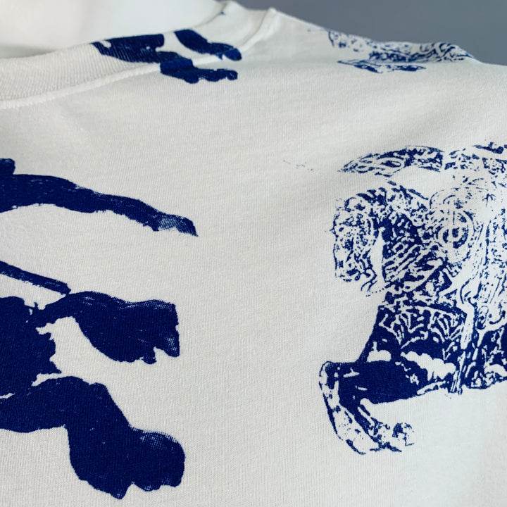 BURBERRY Size L White Blue Logo Print Cotton Blend Short Sleeve T-shirt