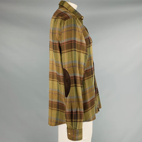 RALPH LAUREN Size XL Brown Green Plaid Cotton Elbow Patches Long Sleeve Shirt