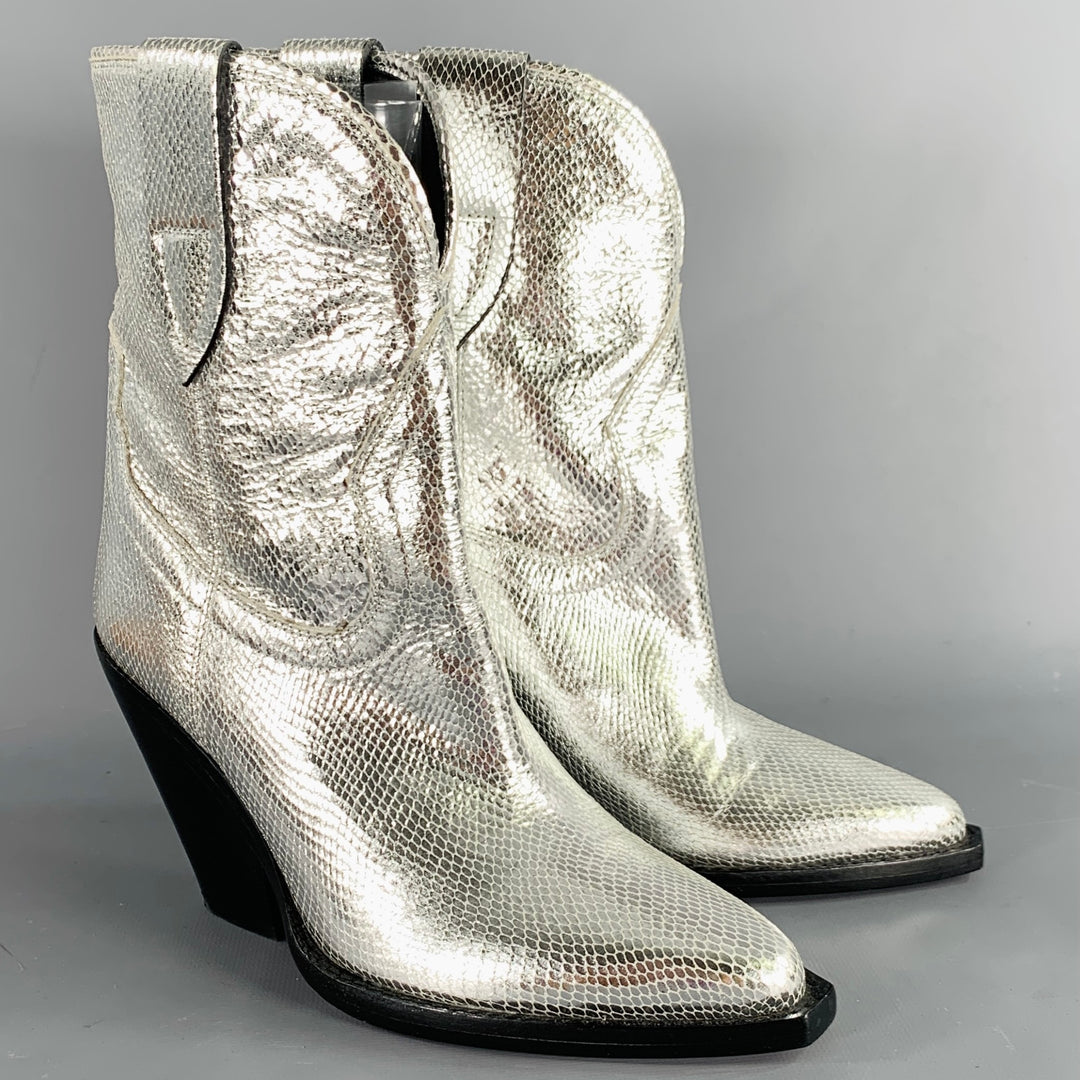 ISABEL MARANT Size 7 Silver Leather Textured Snake Embossed Leather Western Boots