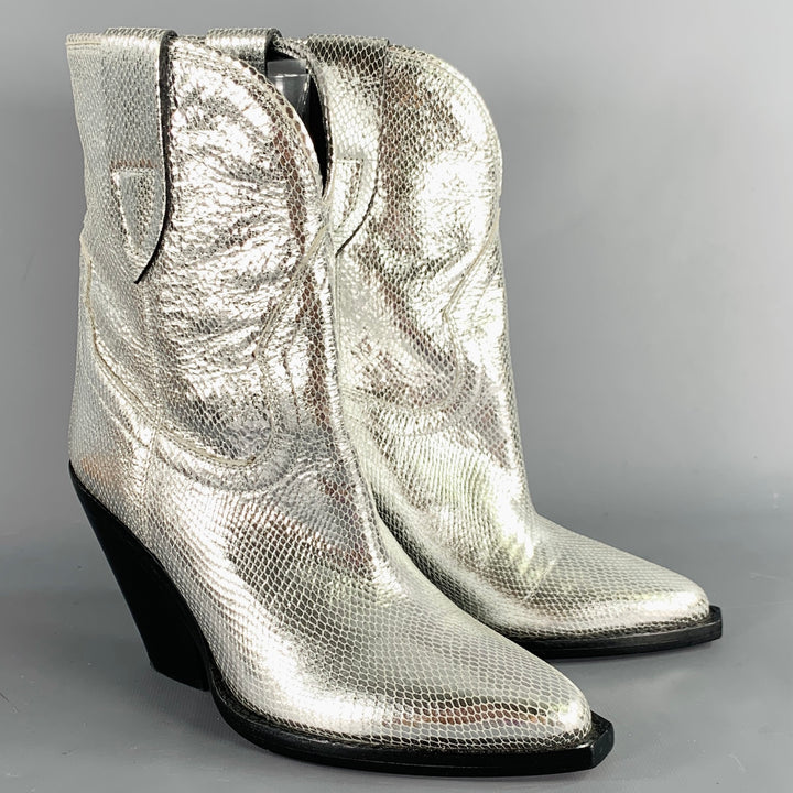 ISABEL MARANT Size 7 Silver Leather Textured Snake Embossed Leather Western Boots