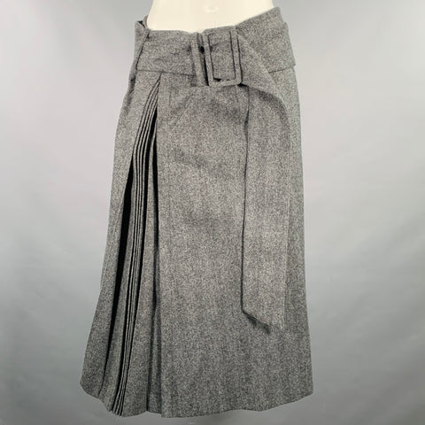 ROKH Size 4 Grey Wool Herringbone Belted A-Line Skirt