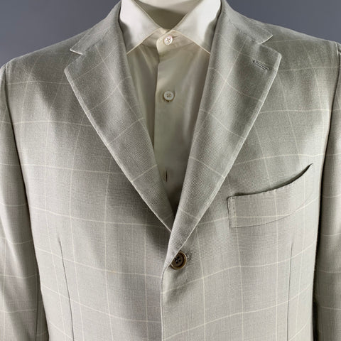 KITON Size 45 Grey Window Pane Cashmere Notch Lapel Sport Coat