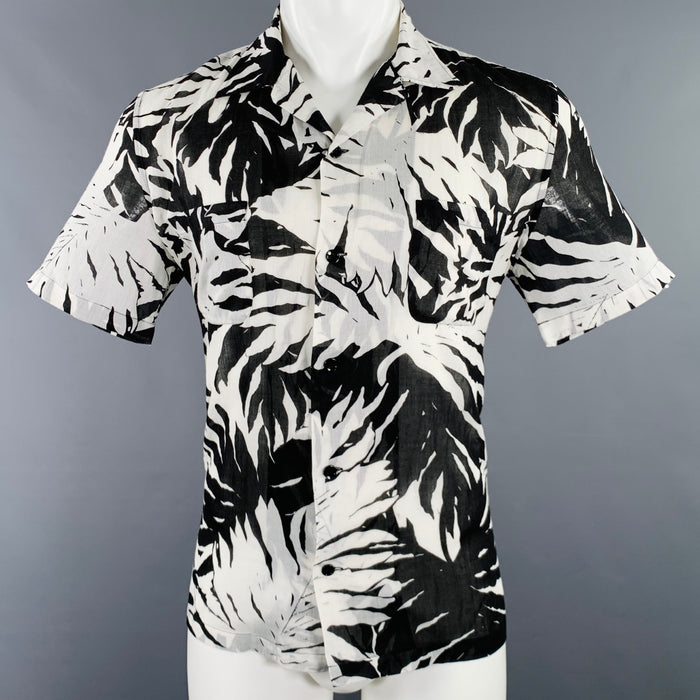 SAINT LAURENT Size M Black White Leaves 2 Pockets Short Sleeve Shirt