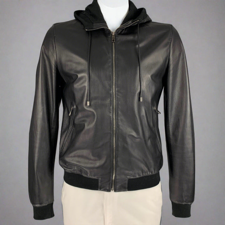 DOLCE & GABBANA Size 42 Black Lambskin Leather Hooded Jacket