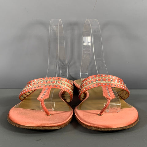 VALENTINO Size 8 Pink Silver Silk Rhinestones Thong Flats