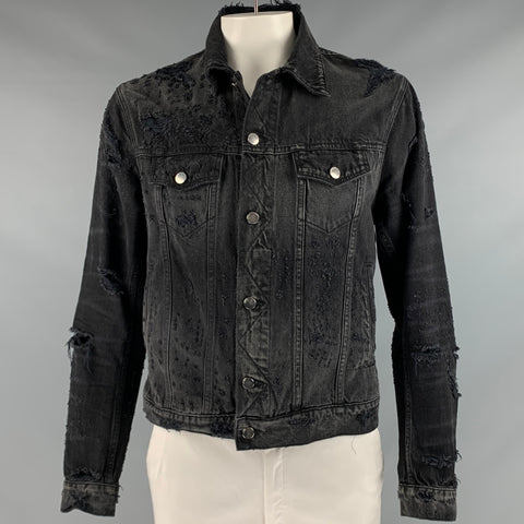 AMIRI Size XL Black Grey Distressed Cotton Trucker Jacket