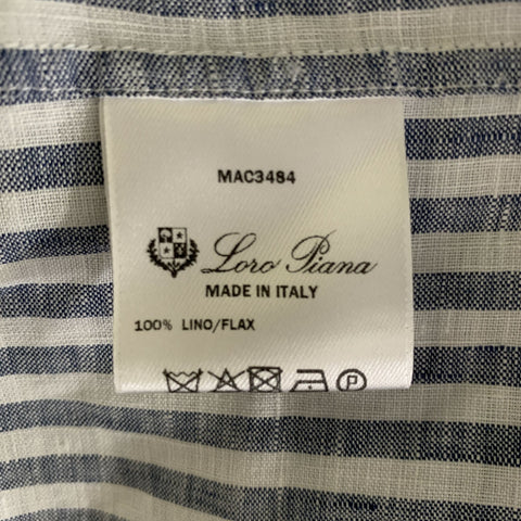 LORO PIANA Size 12 White Blue Flax Stripe Shirt