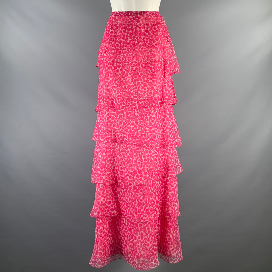 OSCAR DE LA RENTA Size 8 Pink White Dots Ruffle Long Skirt