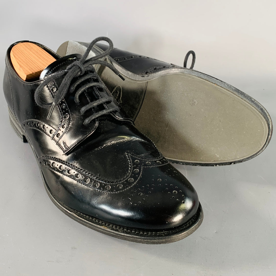 PRADA Size 9.5 Black Leather Perforated Wingtip Derby Lace-Up Shoes