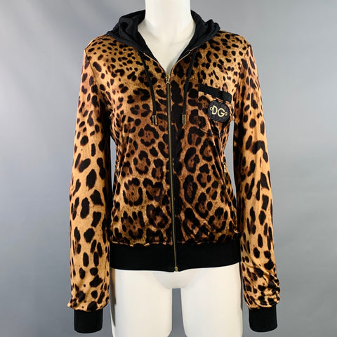DOLCE & GABBANA Size 4 Brown Black Satin Animal Print Zip Up Jacket