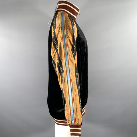 GUCCI Size L Black Gold Burgundy Chain Print Viscose Silk Track Jacket