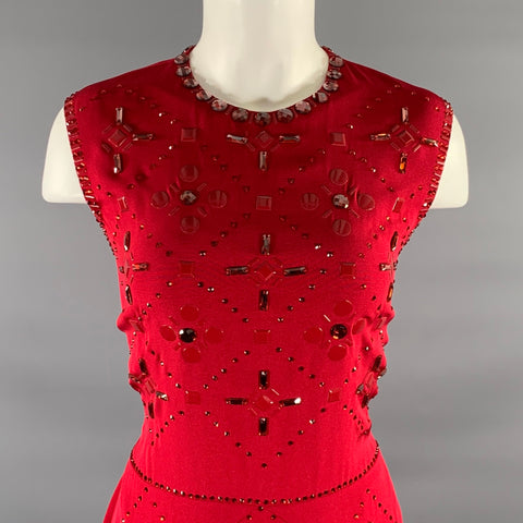 JENNY PACKHAM Red Silk Rhinestones Sheath Knee-Length Dress