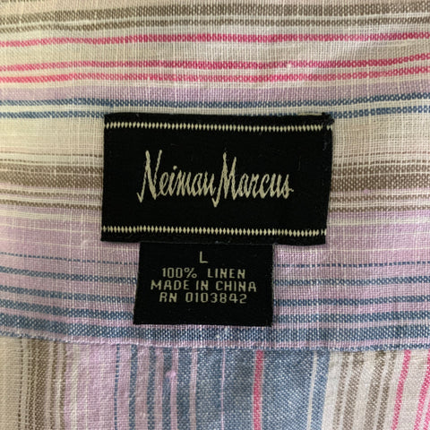 NEIMAN MARCUS Size L Blue Pink Purple Stripe Linen Short Sleeve Shirt