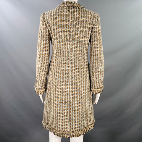 MOSCHINO Size 6 Brown Blue Cream Wool Woven Floral Embellishment Raw Edge Coat