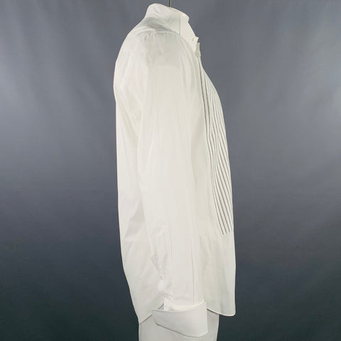 BRIONI Size L White Black Pleated Cotton Tuxedo Long Sleeve Shirt